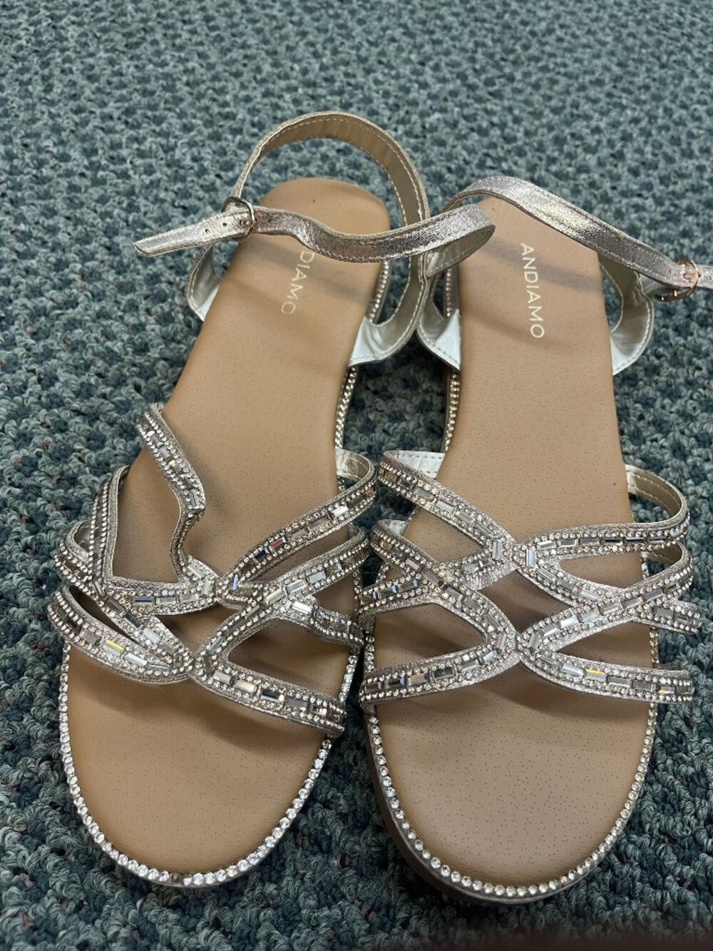 ANDIAMO Beaded Rhinestone Slip On Flat Sandals Gold Beige Women's Size 11M